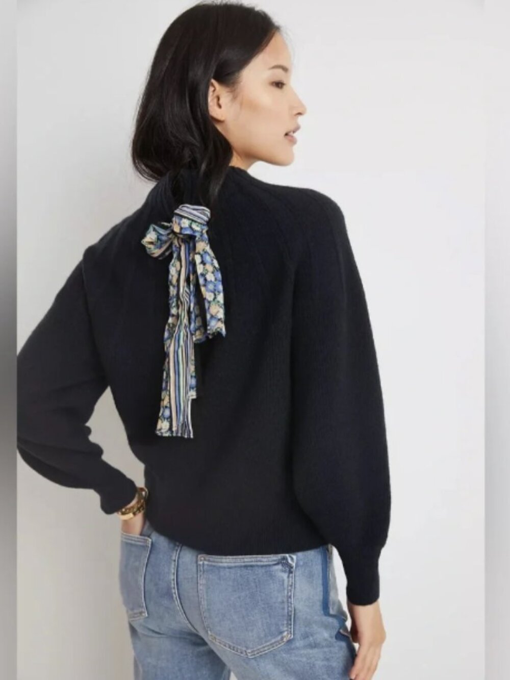 Anthropologie Liora Tie Back Black Mockneck Sweater Wool Blend X-Small Ribbon
